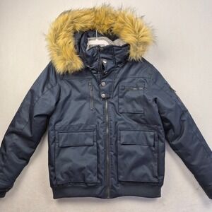 Awaknd Land Mens Navy Blue Weather Tech Bomber Jacket Faux Fur Hood Size Large